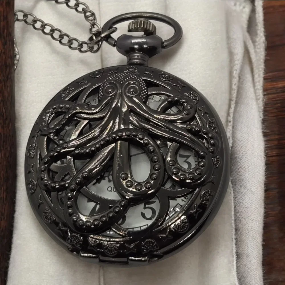 Kraken Octopus Pocket Watch Black Steampunk Pirate Nautical Quartz Chain Vintage